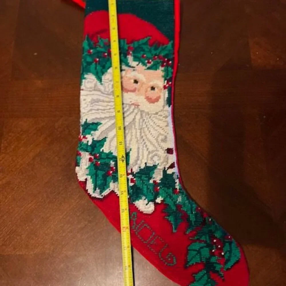 vintage Handmade Needlepoint Santa Christmas‎ Stocking Red & Green Noel name